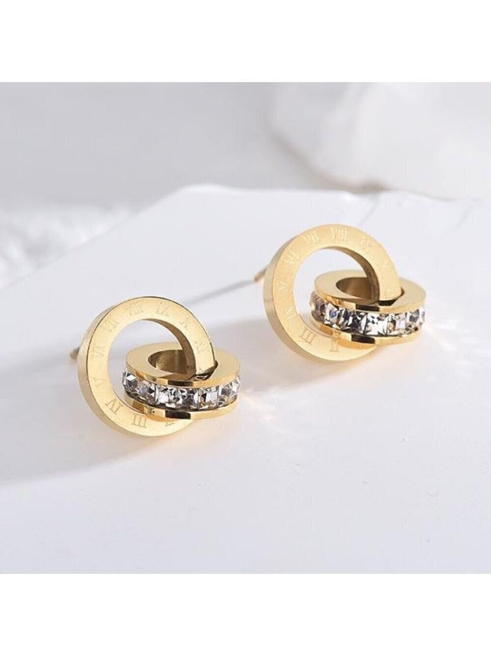 18K Gold Plated Roman Numeral Interlocking Ring, Simulated Diamond Earrings
